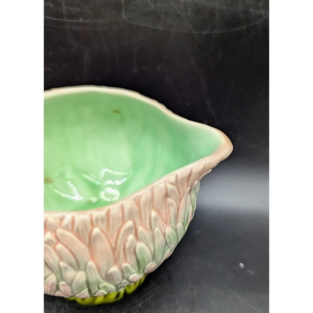 Vintage Majolica Water Lilly Floral Sauce Boat Creamer W Handle 3